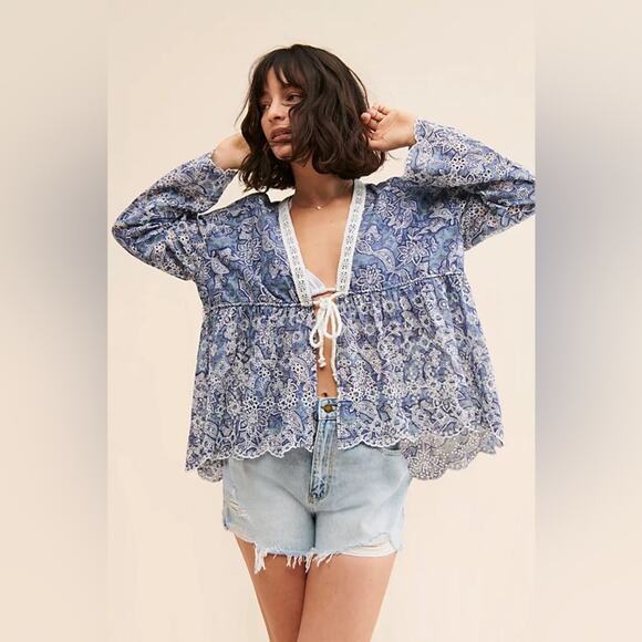 Free People Tops - Free People Anissa Bed Jacket Eyelet Lace Tie Front Blue Combo Size S Beach Boho